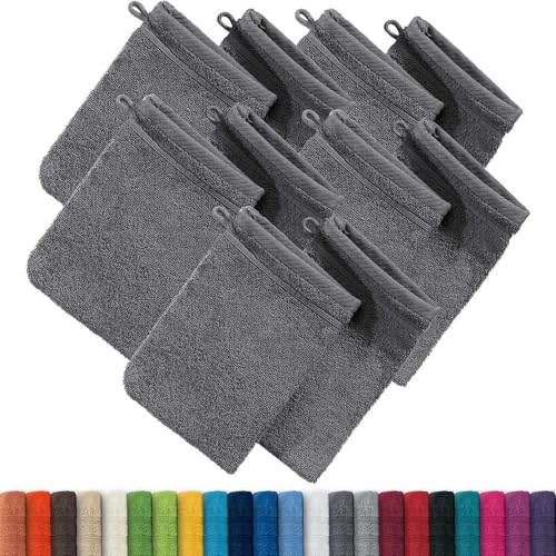 Erwin Müller Waschhandschuh, Waschlappen Heidelberg 10er- Pack, 100% Baumwolle anthrazit Größe 15x21 cm - weiche Qualität, saugstark und strapazierfähig - praktisch durch Schlaufe