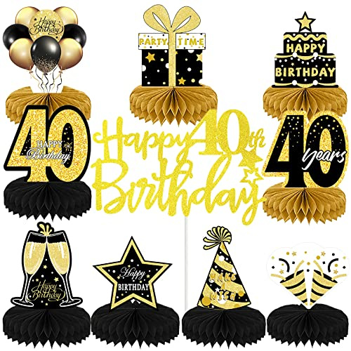 SPOKKI 10 Pcs 40th Birthday Table Decorations - Black Gold Cake Topper and Honeycomb Centerpieces for Party (B)