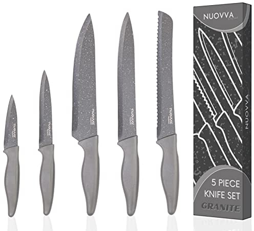 nuovva Professional Kitchen Knife Set – 5Pcs Stainless Steel Grey Granite Knife Set - Sharp & Non Stick Blades Lightweight – Chef, Bread, Utility, Filleting & Paring Tools