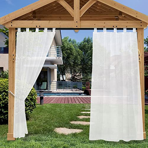 Heavyoff Rideau d'extérieur Imperméable pour Porche, Rideau Voilage Blanc avec Pattes Fixation Facile Décoration Semi-Transparent Drapé pour Balcon, Jardin, Cour 2 Pièces, 132x213cm