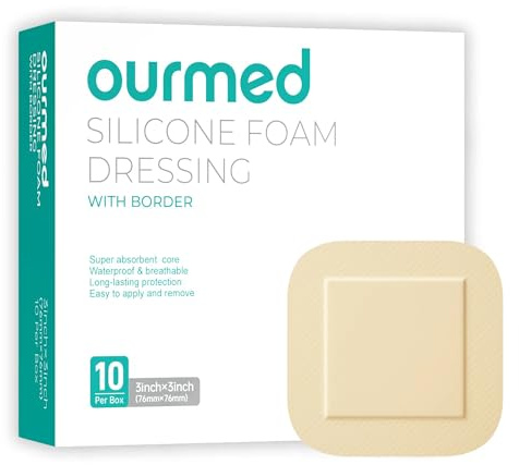 Ourmed Apósito de espuma de silicona con adhesivo de borde, altamente absorbente, impermeable, para el cuidado de heridas, úlcera diabética del pie, úlcera de piernas, 3 x 3 pulgadas, paquete de 10,