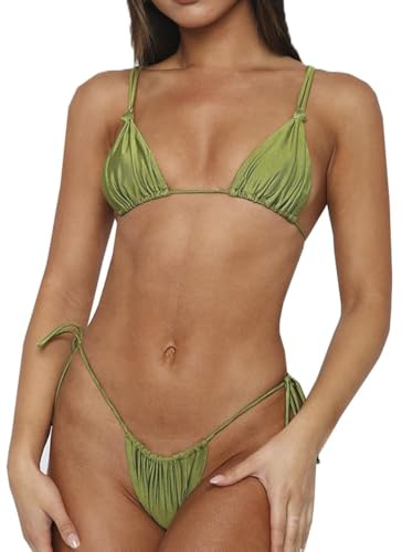 SuMuaSet Womens Sexy Bikini Set Thong Hater String Cheeky Two Piece Swimsuits Double Shoulder Straps Swimwear Adjustable (Grass Green,S)