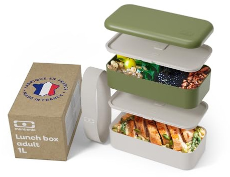 monbento - Bento Lunch Box MB Original Olive Recycled Made in France - 2 Leakproof Compartments - Lunch Box Perfect for Work/Picnic/Lunch Packing - BPA Free - Food Grade Safe Food Containers - Khaki
