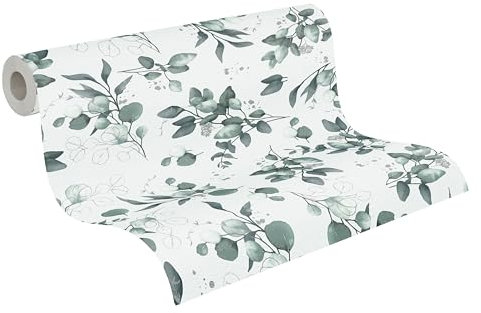 A.S. Création Pure Elegance Vliestapete mit floralem Muster 0,53 x 10,05 m – Weiß, Grün, Silber - Tapete mit Blättermotiv Made in Germany - 397682