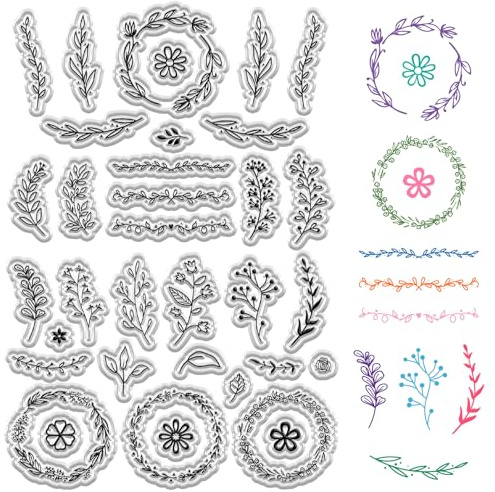 CRASPIRE Plant Clear Stamps Wreath Rubber Stamp Vintage Floral Flower Leave Reusable Transparent Silicone Stamps Seal For DIY Craft Scrapbooking Journaling Card Making Decoration Supplies 6.3 x 4.3In
