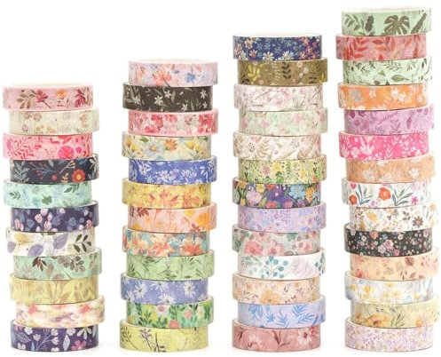 Songdao 50 Rollen Blumen Washi Tape Set Kreative Basic Dünn Dekorative Bänder für Kunst, DIY Handwerk, Bullet Journals, Planer, Scrapbooking, Verpackung