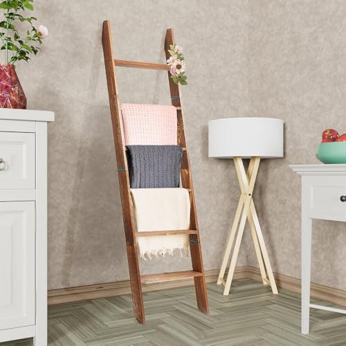 Decorative Wooden Blanket Ladder for the Living Room and Bedroom, 5ft 8 inch, Pine Wood Quilt Ladder, 6-Tier Wall Leaning Blanket Rack Stand, Farmhouse Blanket Ladder for Home Décor N Display.(Brown)
