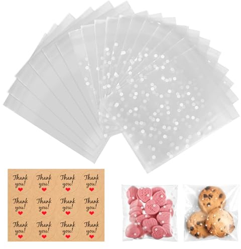 LUCKNIGHT 200 Pcs Reusable Cellophane Bags, 10 x 10 cm Self Adhesive, Clear PVC, Square, Resealable, Wax Melt Packaging, Treat Bags, Fudge Bags, Sweet Bags, with 200 Pcs Self Adhesive Stickers