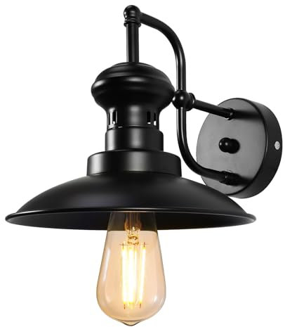 GEOKILO Lámpara de pared vintage, lámpara de pared negra de diseño industrial, iluminación de pared con pantalla de metal, pantalla de luz cónica de 25 cm para escalera, interior, hotel, sin bombilla