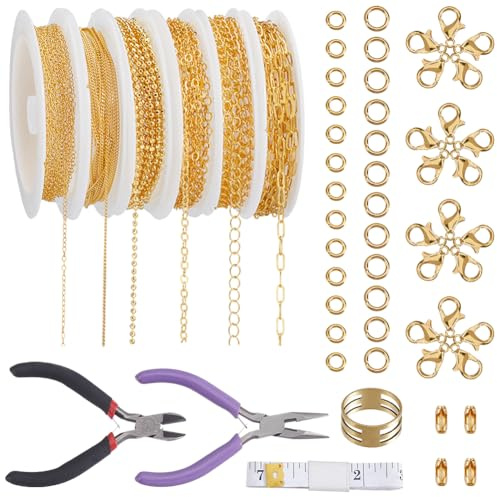 SOFPLATE 15 m kabelkedja, rulle, guldkedja för smyckestillverkning, kit med bindringar, mässing, pappersklipp, kultång, länkkontakt, tillbehör för smyckestillverkning, halsband, armband, gör-det-själv