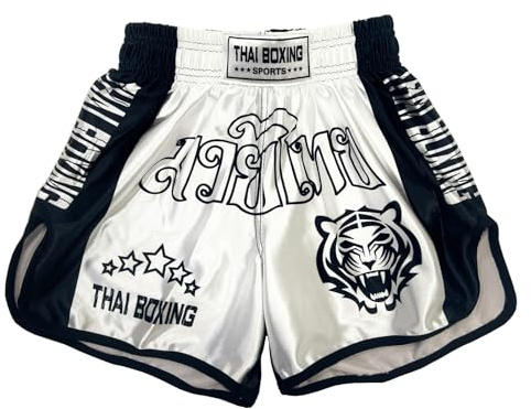 ZHIMYU Muay Thai Boxing Shorts for Kids Classic Slim Cut Kickboxing MMA Training Clothing Martial Arts Trunks (US, Alpha, XX-Small, Regular, White)