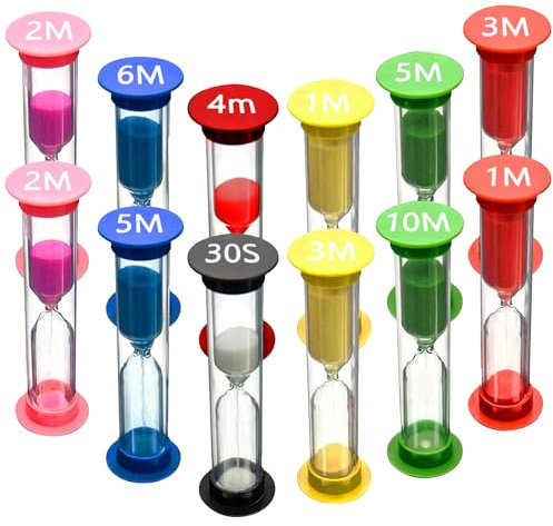 12 Stück Sanduhren Set, Buntes Zahnputzuhr 30sec / 1min 2min 3min 4min 5min 6min 10min Sanduhr für Kinder Zähneputzen Schule Kita Büro Sand Timer