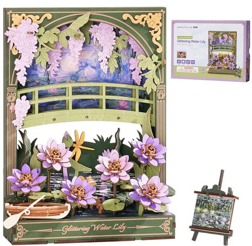 ROBOTIME 3D Puzzle Water Lily, Wooden Flower Model Kits for Adults to Build, Hangable Art 3D Painting Wall Decor, DIY Construction Craft Model Building Set, Ideal Festival Gifts