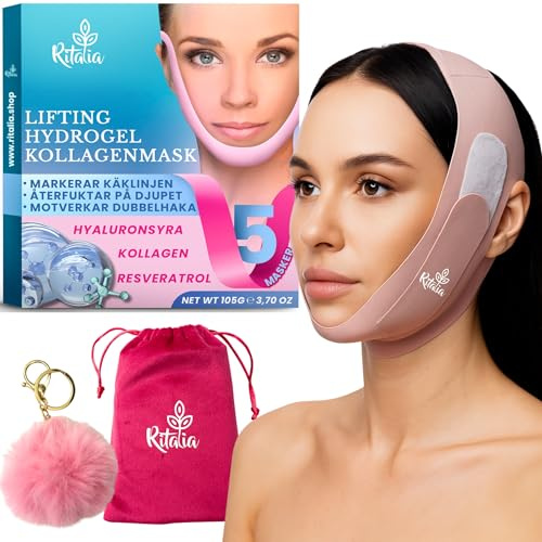 Ritalia® MASK MOT DUBBELHAKA + ANSIKTSLYFTANDE BAND | PREMIUM V-LINE RITUAL med KOLLAGEN & HYALURONSYRA | LYFTANDE ANSIKTSMASK | STRAMAR ÅT HUDEN & FORMAR KÄKLINJEN