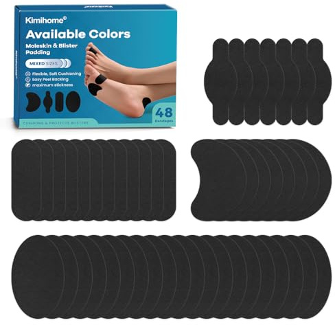 Kimihome Moleskin anti-bolle, 48 pezzi Moleskin per piedi, cerotti autoadesivi per la prevenzione delle vesciche per alleviare il dolore, colore nero con 4 forme
