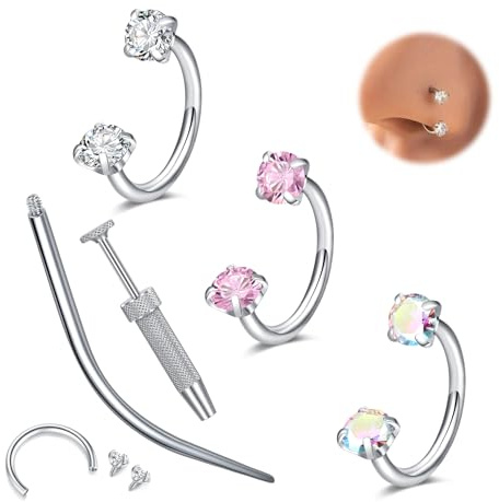 WillTen 18G Bijoux pour piercing au septum Anneau pour septum, anneau pour nez à double gemme en forme de fer à cheval Piercing en forme de fer à cheval acier inoxydable Argent