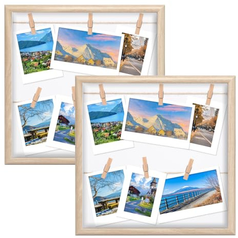 Bofanze 2 Piezas Collages de Fotos de Marco de Madera con Pinzas de Madera Portafotos de Madera Soporte de Cuerdas y Pinzas Marco de Fotos con Cuerda 32 x 32 cm Portafotos Multiple Colgante Con Pinzas