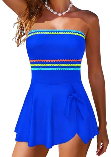 popvil Strapless One Piece Swimsuits for Women Tummy Control Swim Dress Bandeau Bathing Suit with Colorful Trim Cute Bow, Blue, Large