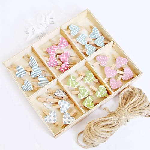 Shirene Wooden Heart-Shaped Clothespins, 30 PCS Mini Wooden Pegs with 10m Photo Rope and 6 Traceless Nails for Hanging Pictures, DIY Photo Lines, Wall Decoration, and Gifts