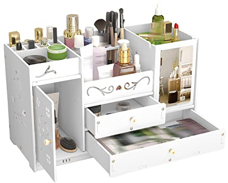 Shinpeed Organizador de cosméticos con cajones, incluye espejo, varios compartimentos, caja de cosméticos para dormitorio, baño, tocadores (color blanco)