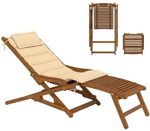 Outsunny Tumbona Silla Plegable de Madera de Acacia, Silla de Jardín Exterior con Reposapiés Desmontable y Cojín con Reposacabezas, Carga 160 kg, para Terraza, Patio, Playa, 158x61x70 cm, Beige