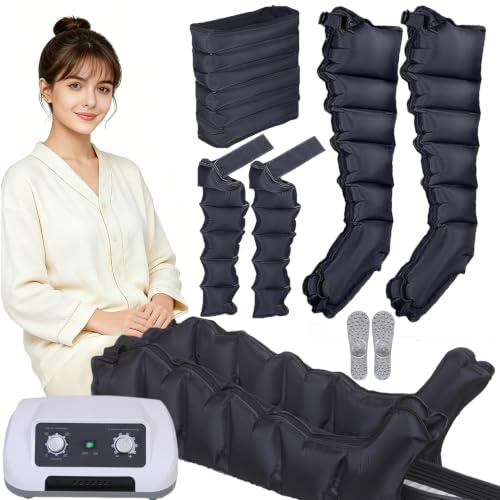 Kryoterapi stövlar | Lymfatisk pressterapi | ben- och magtrycksterapi | benmassagerare lymfdränering | Tryckterapiapparat (svart XL, 2 armar+2 ben + waist)
