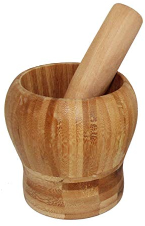 rukauf Mörser und Stößel aus Bambus-Holz, Zerkleinerer für Gewürze Kräuter usw. 11cm