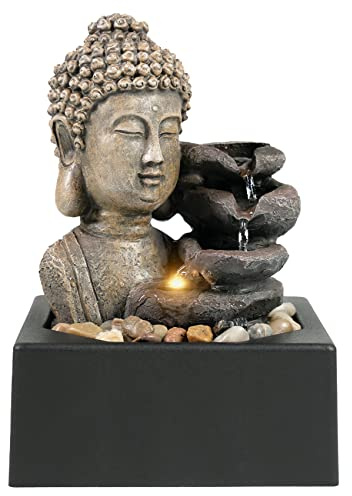 Ferrisland - Indoor Tabletop Waterfall Fountain, Buddha Water Fountains, 4 Tiers, Zen Meditation Buddha Fountain, with Warm LED Light for Office, Home and Bedroom, Home Decor