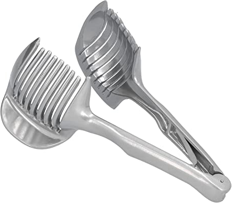 Trancheuse à Tomates Coupe-citron, Pince à Fruits Ronde Multifonctionnelle en Acier Inoxydable Porte-oignon Outils Polyvalents pour Fruits Et Légumes à Peau Douce (Argenté)
