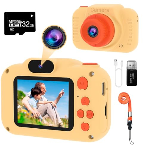 GlobalCrown Kids Camera,Mini Rechargeable Childrens Digital,Video Camcorder Gifts for Boys Girls 3 4 5 6 7 8 Age,HD Video Dual lens selfie Cameras Toys for Outdoor Play(32GB Card Included)