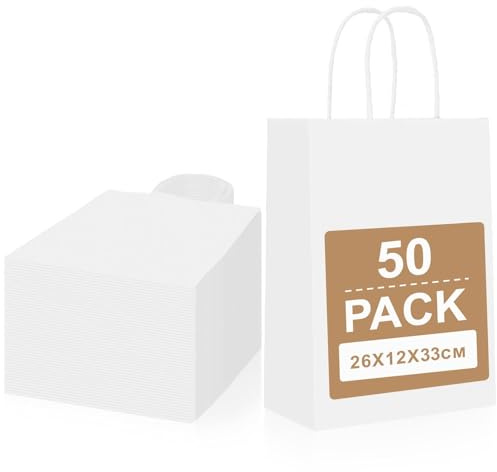 Gucass 50 Pcs Grand Sac Papier Cadeau, Blanc Sac en Papier Kraft avec Poignée Pochette Cadeaux 26x12x33cm, Sachet Kraft Emballage Cadeau, Pochette Kraft pour Noël Mariage Anniversaire Fête