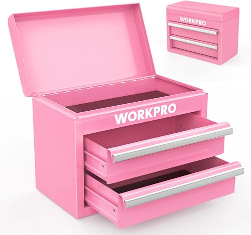 WORKPRO Mini Metal Tool Box with 2 Drawers and Top Storage, Small Tool Chest with PVC Liners and PP Feet Pads, Cold Rolled Steel Toolbox with Magnetic Tab - Pink Ribbon