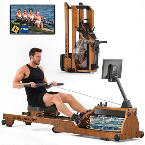 Advamsoler Wasser Rudergerät für Zuhause, Hochwertiges Faltbares Wasserrudergerät aus Massivholz, mit Professionellem Bluetooth-Monitor mit Tablet-Halter, Max 150kg Belastbar
