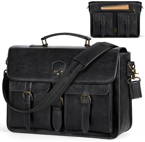 RAINSMORE Aktentasche Herren Laptoptasche 15.6 Zoll Ledertasche Messenger Bag Business Arbeitstasche Wasserdichte Umhängetasche für Geschäft Schule Schwarz