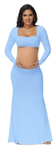 JustVH Vestido de maternidad para sesión de fotos de espalda abierta con corte sólido de manga larga maxi para fotografía de embarazo para mujeres, Azul claro, S