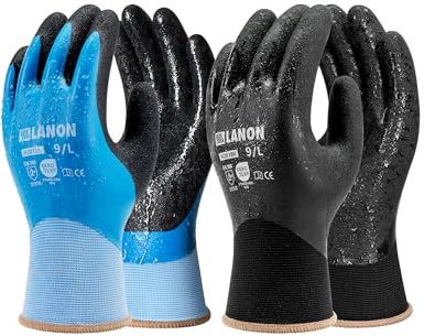 LANON Gants de Travail Imperméables, 2 Paires Latex Gants pour Hommes et Femmes, Double Revêtement en Caoutchouc, Antidérapants, Bleu & Nior, Taille L/9