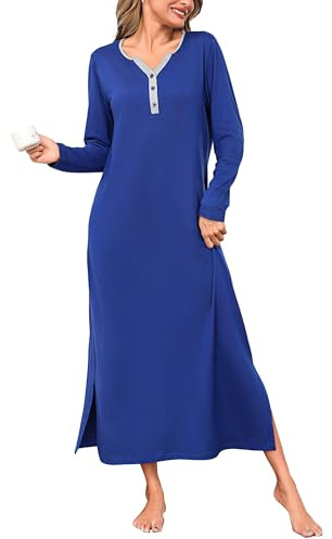 Bresdk Camicia da Notte Donna Cotone Manica Lunga con Bottoni Davanti Scollo a V Camicia da Notte Donna Invernale per Casa e Casuale Blu XL