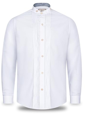 Steigenhöfer, camicia tradizionale bavarese da uomo, a maniche lunghe, con colletto alto, San Valentino, combinabile con pantaloni in pelle, per Oktoberfest Wiesn e altre festività, bianco, M