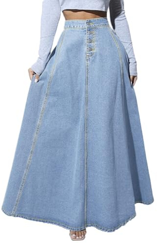 seiveini Jupe Jean Longue Femme Taille Élastique Jupes en Denim Y2k Été Décontracté A-Ligne Streetwear D Bleu Clair XL