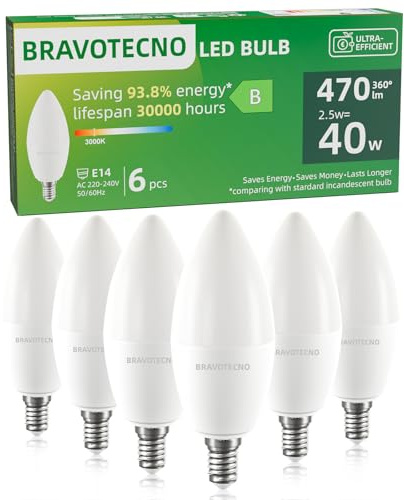 bravotecno Lampadine LED E14, Classe Energetica B, E14 LED Luce Calda 3000K, 2,5W 470LM C37, Equivalente a 40W, Angolo di Illuminazione 360°, Non Dimmerabile, Basso Calore & Lunga Durata, 6 Pezzi