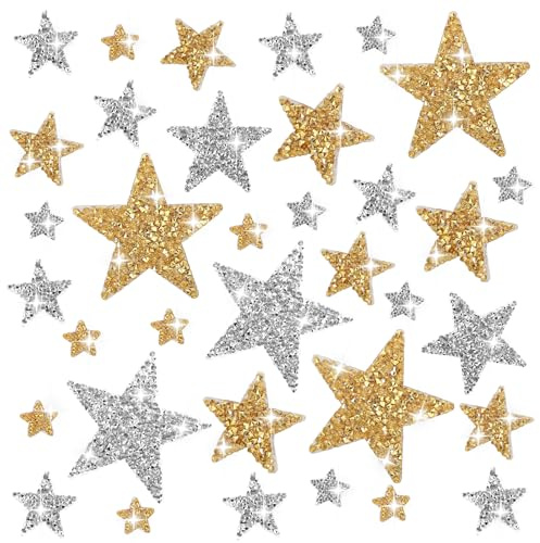 Tyqour 24 unidades de estrellas termoadhesivas con estrellas para planchar, color dorado, plateado, estrella, parche para planchar, 8/6/4/2 cm, brillantes, brillantes, parches para ropa, camiseta