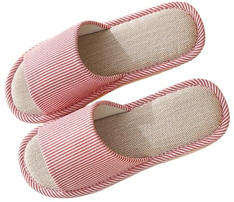 Pantuflas de mujer abiertas pantuflas cómodas de lino pantuflas antideslizantes planas cómodas zapatillas de cabaña transpirables zapatillas de casa cuatro estaciones mujer, rojo, 36 EU
