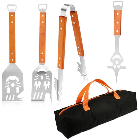 Grillbestickset i 4 delar grilltillbehör rostfritt stål grillset, grilltång, 2 grillspatlar, grillgaffel, trähandtag, kreativ grillsvarare, multifunktion grilltillbehör grillverktyg presenter för män