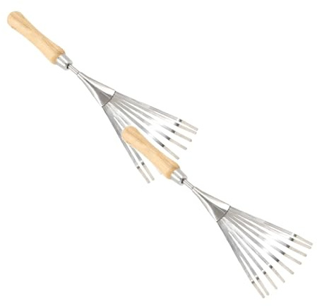 Rastrillo de mano de jardinería para arbustos, rastrillo de hierba de acero inoxidable de 38 cm, 9 dientes, abanico de hojas de césped con mango ergonómico, rastrillo de mano pequeño para barrer hojas
