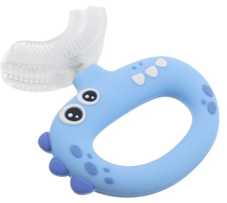 Mipcase Cepillo de Dientes para Bebés de 0 a 3 Años en Silicona de Grado Alimenticio, Cerdas Suaves, Diseño Divertido de Dinosaurio Azul, Cabezal 360° para Limpieza Bucal Completa,