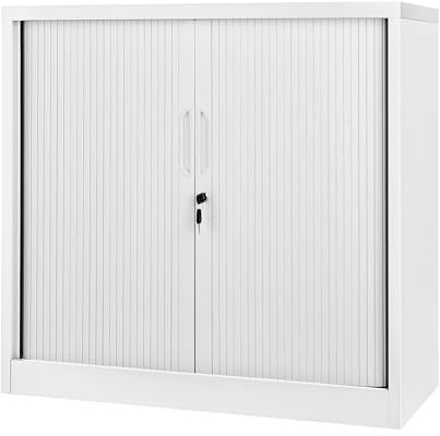POLLOR Tambour Storage Cabinet, Lockable Space Saving Steel Office Cupboard Rolling Sliding Door, 50kg Load Capacity Per Shelf (White, 90cm)