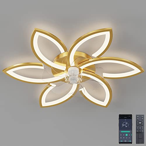 Tyst takfläkt med ljus, takfläkt med fjärrkontroll och belysning APP dimbar ljusstyrka 70W kreativ akryl blomma form taklampa med fläkt (Guld)