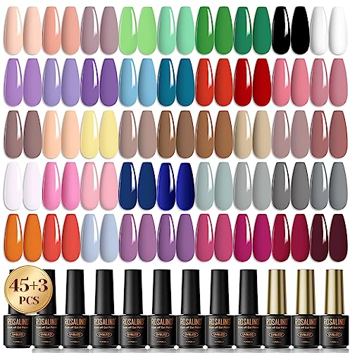 ROSALIND 48 Pcs Esmalte Semipermanente, 45 Colores Pintauñas Semipermanentes Remojo con Base, Top Coat Brillante y Mate, Esmalte de Uñas Semipermanentes de Nude Verde Violeta Para