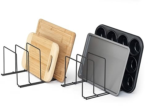 simplywire – Supporto per teglie da Forno e taglieri – Confezione da 2 - Rastrelliera per coperchi, pentole e padelle - Organizer per credenze da Cucina – Acciaio Rivestito in Plastica Nera