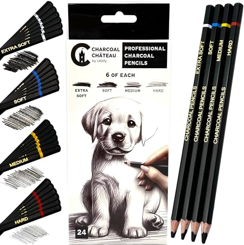 Urbify Charcoal Château - 24 Crayons de Fusain Professionnels - Quatre Niveaux de Dureté - Parfait pour l'Ombrage Riche, l'Esquisse, le Dessin & l'Art (24 Pièces)